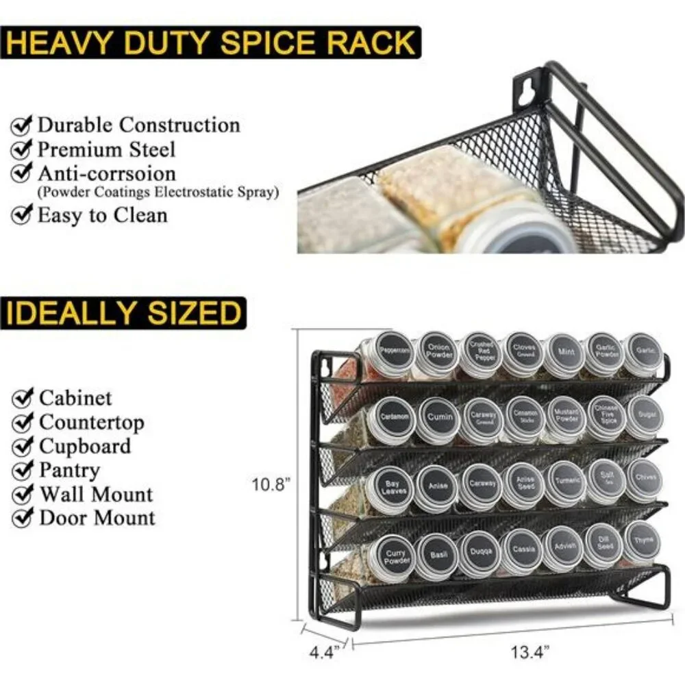 4 tier spice rack with 28 glass jars labels funnel kitchen cabinet pantry storag